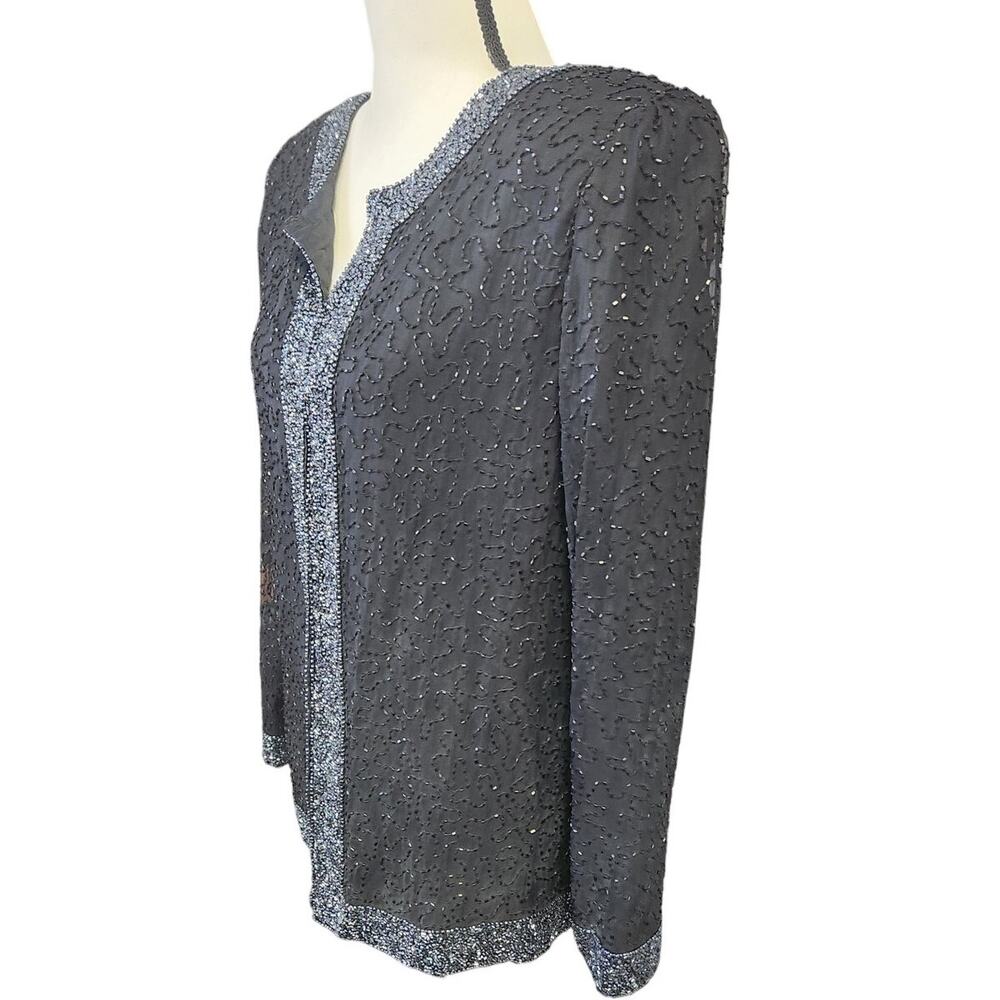 Vintage Laurence Kazar Full Beaded Silk Black Cocktail Evening Jacket Size Small - Picture 2 of 7